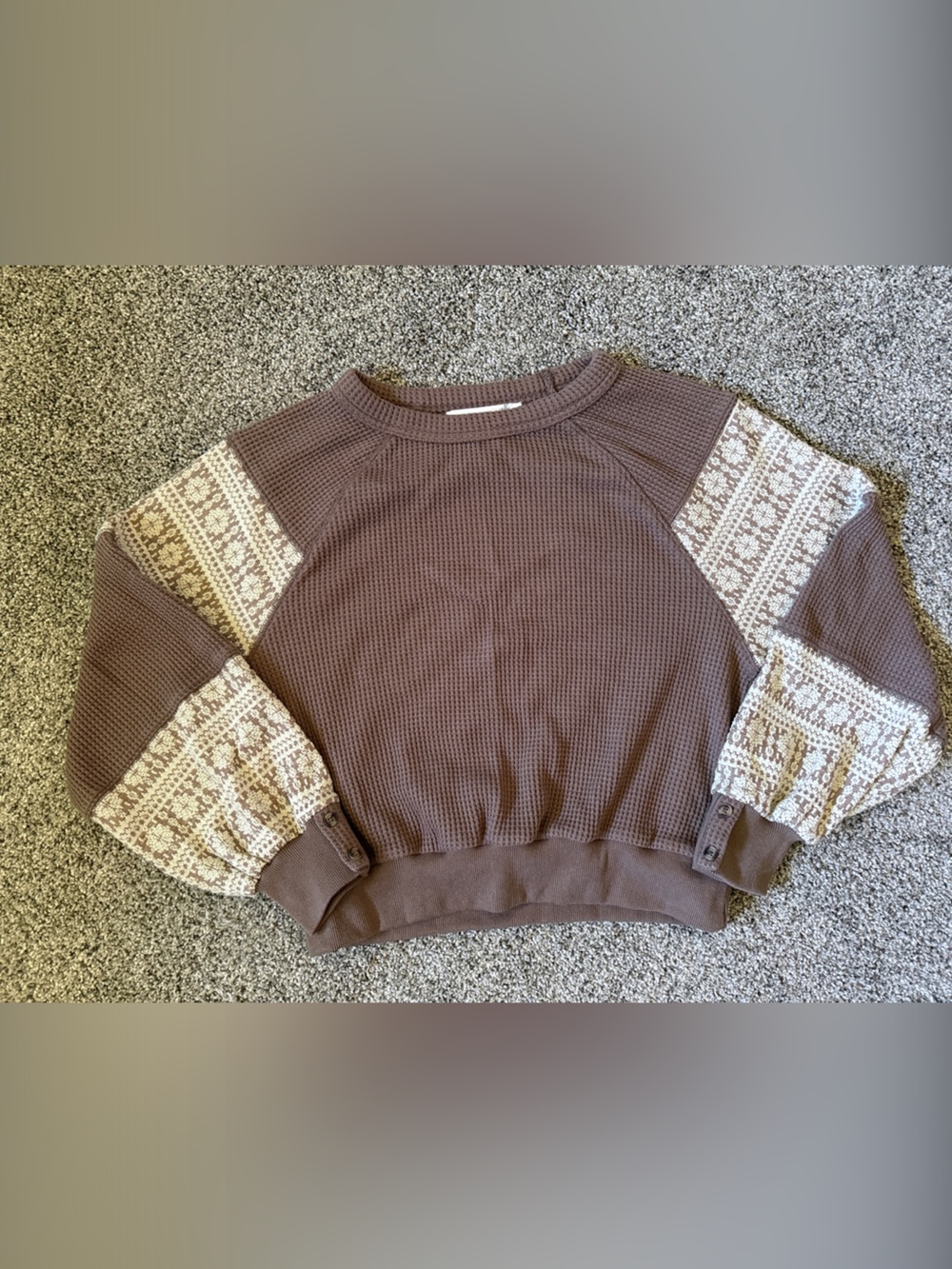 Altar'd State Brown Waffle Knit Sweater with Cream Patterned Sleeves